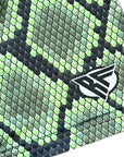 Close-up of RF-Wear Women's Snakeskin Shorts in Green with RF logo