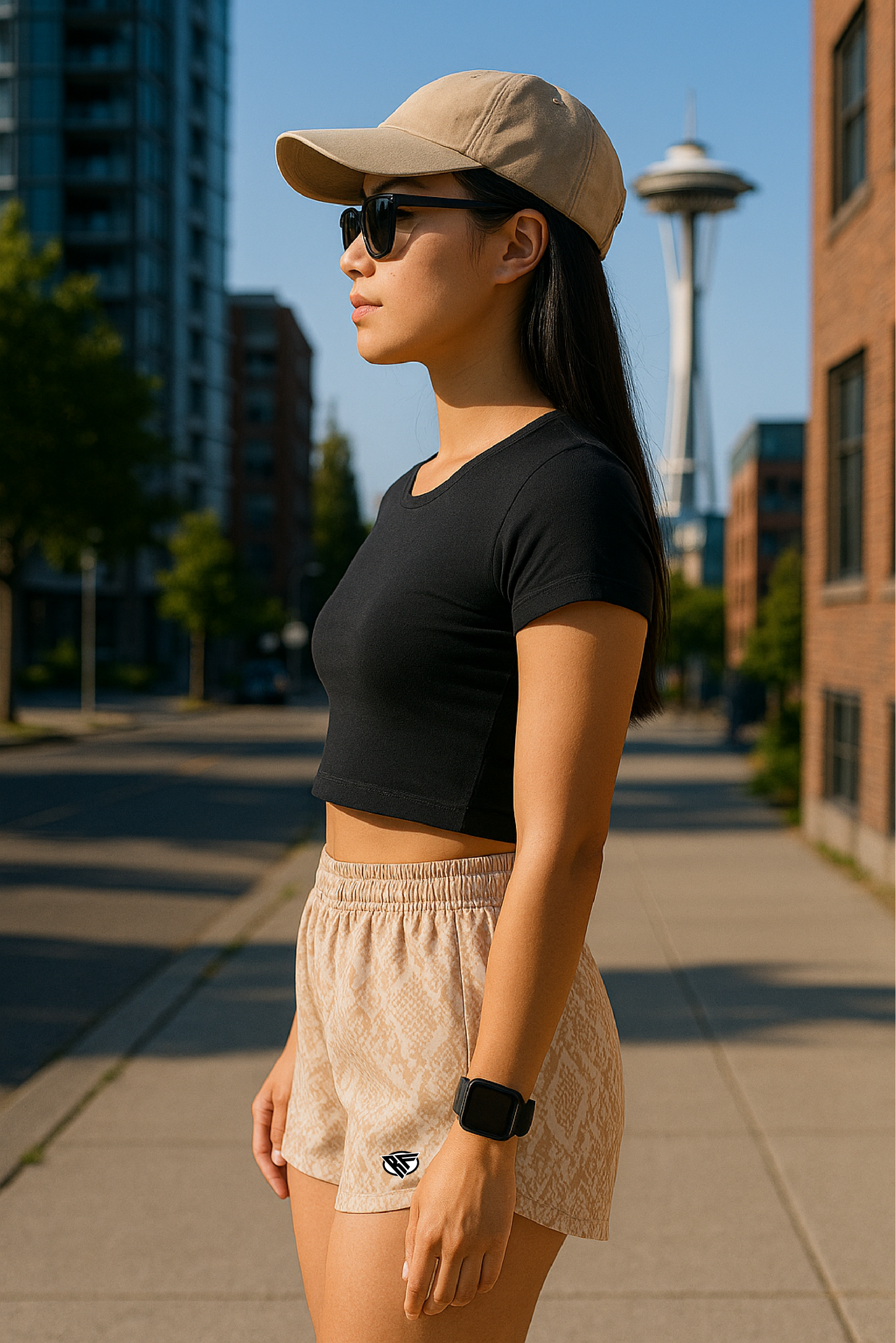 Woman wearing RF-Wear Women's Tan Snakeskin Shorts - Side View
