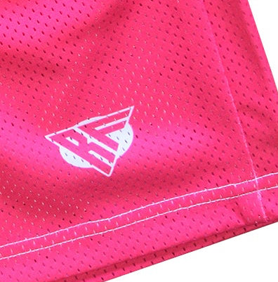 Close-up of RF-Wear-Women's Mesh Solid Color Shorts in Fuchsia with logo