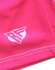 Close-up of RF-Wear-Women's Mesh Solid Color Shorts in Fuchsia with logo