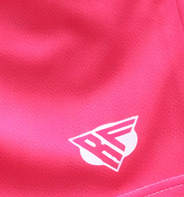 Close-up of RF-Wear Women's Solid Color Shorts in Fuchsia with RF Logo