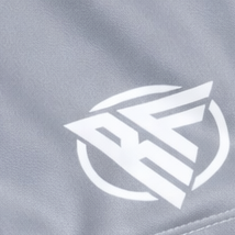 Close-up of RF-Wear Women's Solid Color Shorts in Grey with RF logo