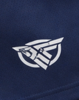 Close-up of RF-Wear Women's Solid Color Shorts in Navy with RF logo