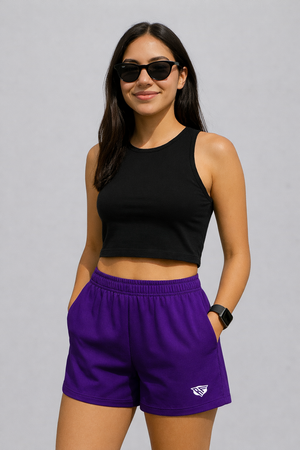 Woman wearing a black top and RF-Wear Women's Solid Color Shorts in Purple