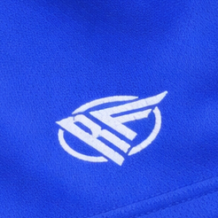 Close-up of RF-Wear Women's Solid Color Shorts in Royal-Blue with RF logo