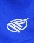 Close-up of RF-Wear Women's Solid Color Shorts in Royal-Blue with RF logo