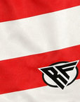 Close-up of RF-Wear Women's Split Flag Shorts in Red/White/Blue with RF logo