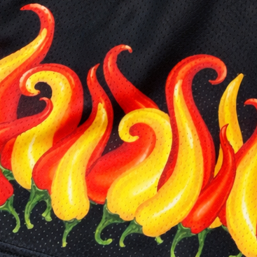 Close-up of RF-Wear Women's Split Flaming Pepper shorts in Red/Black