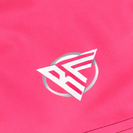 Close-up of RF-Wear Women's Split Flamingo Shorts in Pink/Black with RF logo