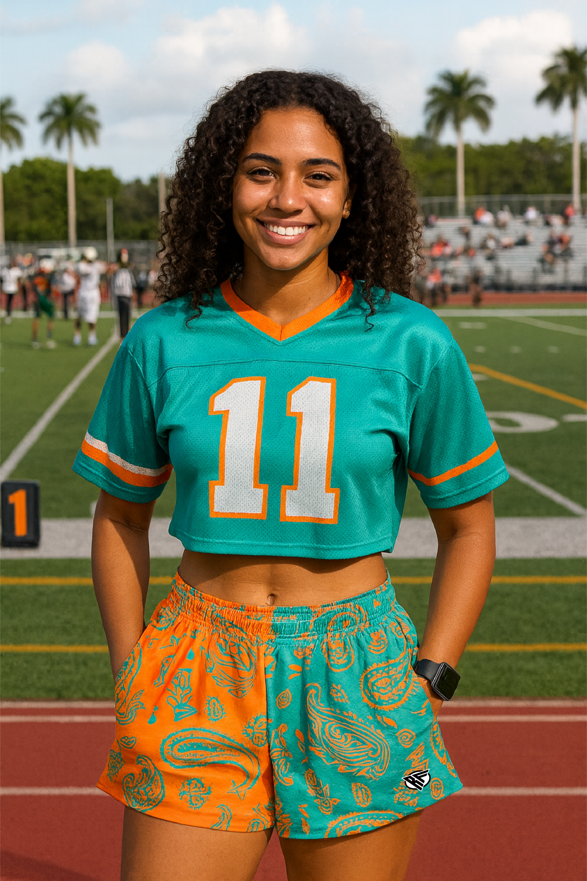 RF Wear Women's Split Paisley Pocket Shorts Aqua/Orange - Model From View