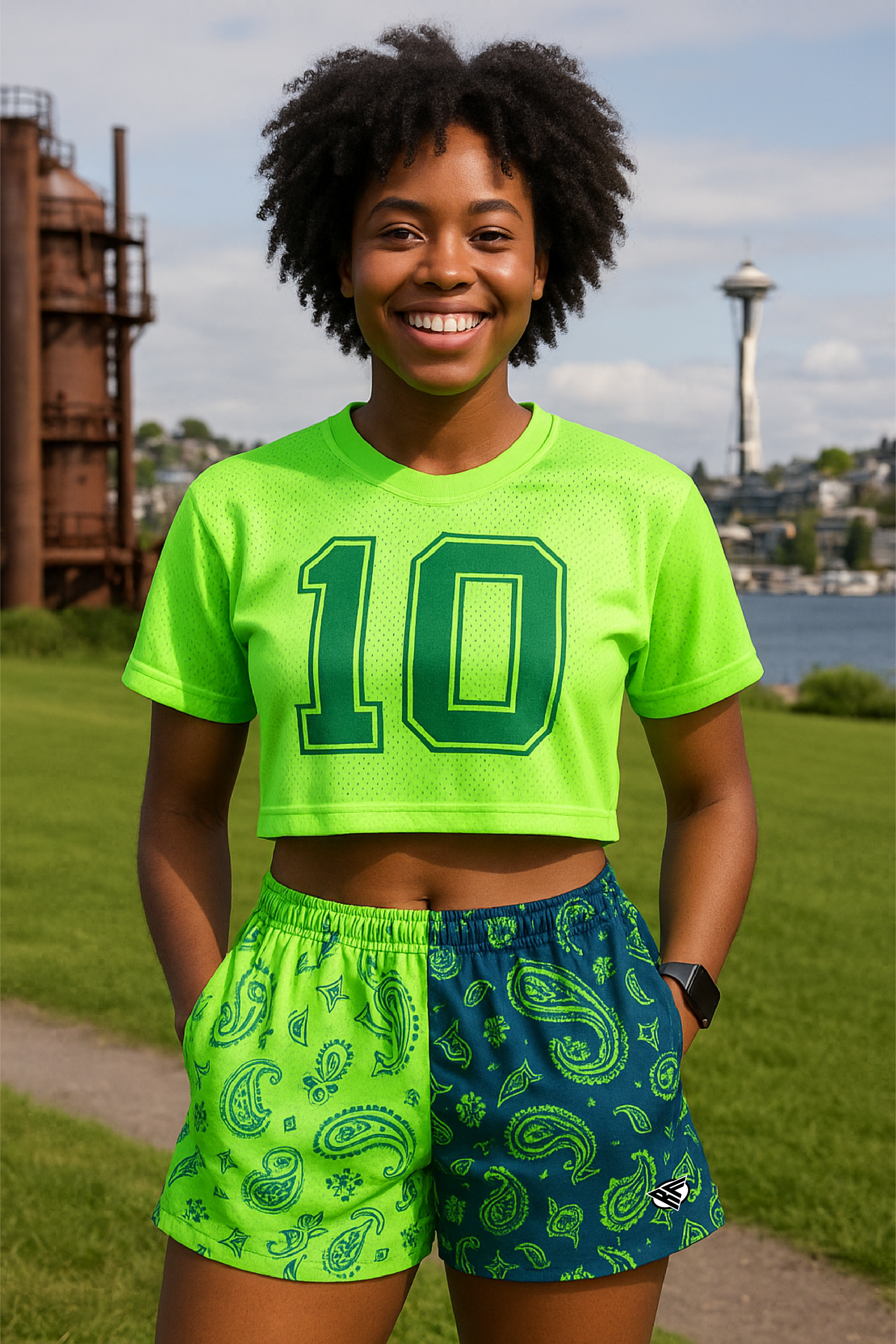 RF Wear Women's Split Paisley Pocket Shorts Lime Green/Navy - Model Front View