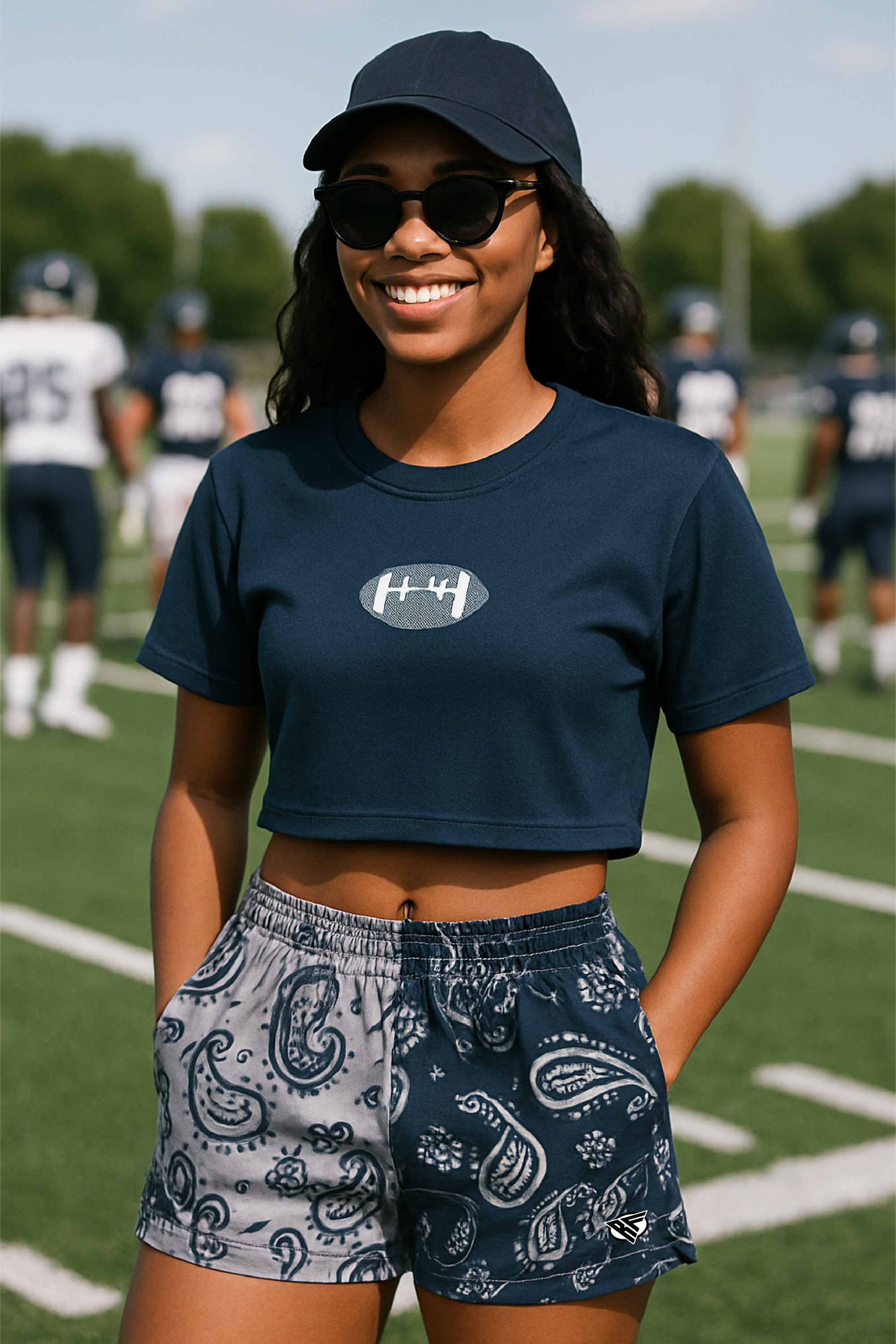 RF Wear Women's Split Paisley Pocket Shorts Navy/Silver - Model Front View