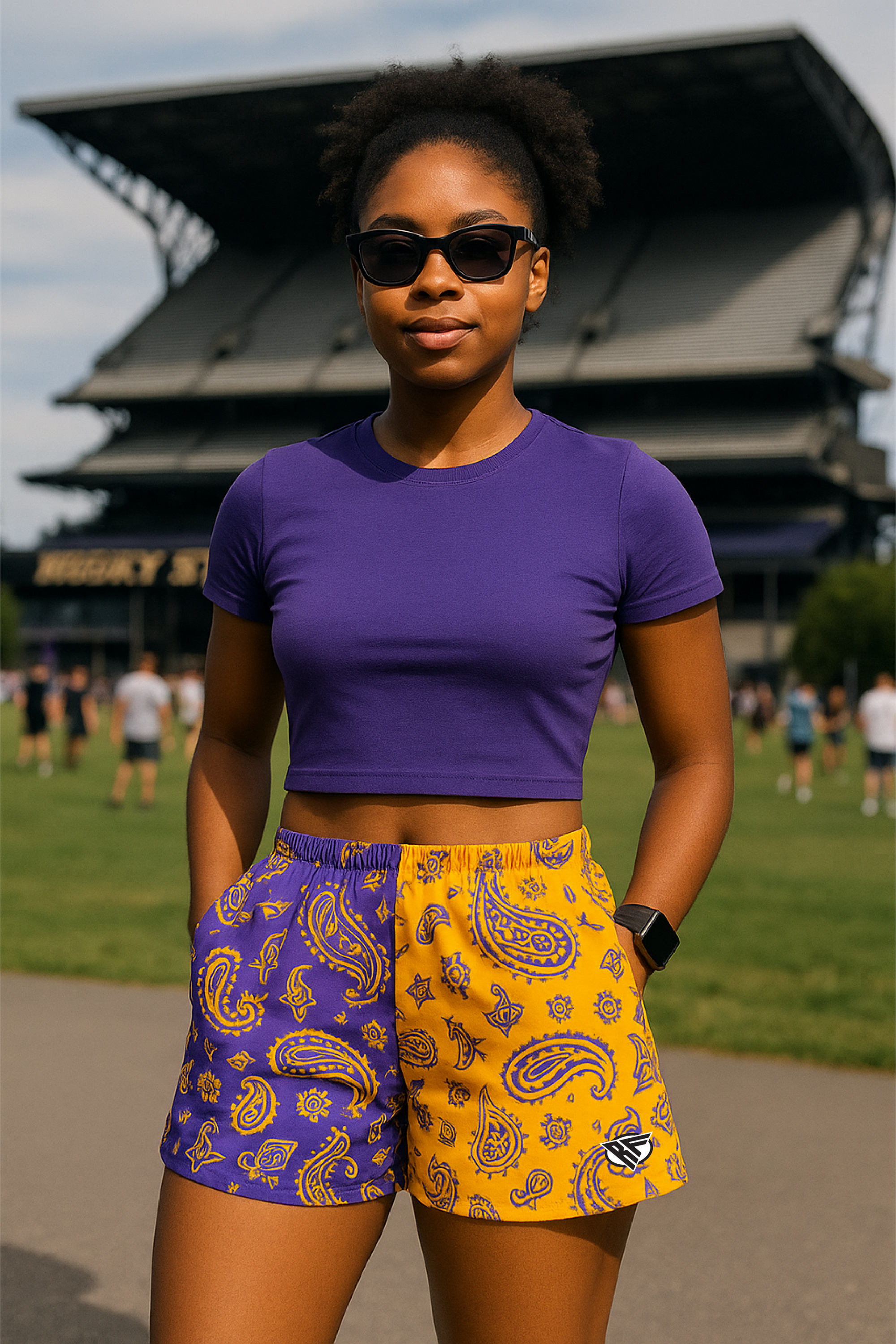 RF Wear Women's Split Paisley Pocket Shorts Purple/Gold - Model Front View