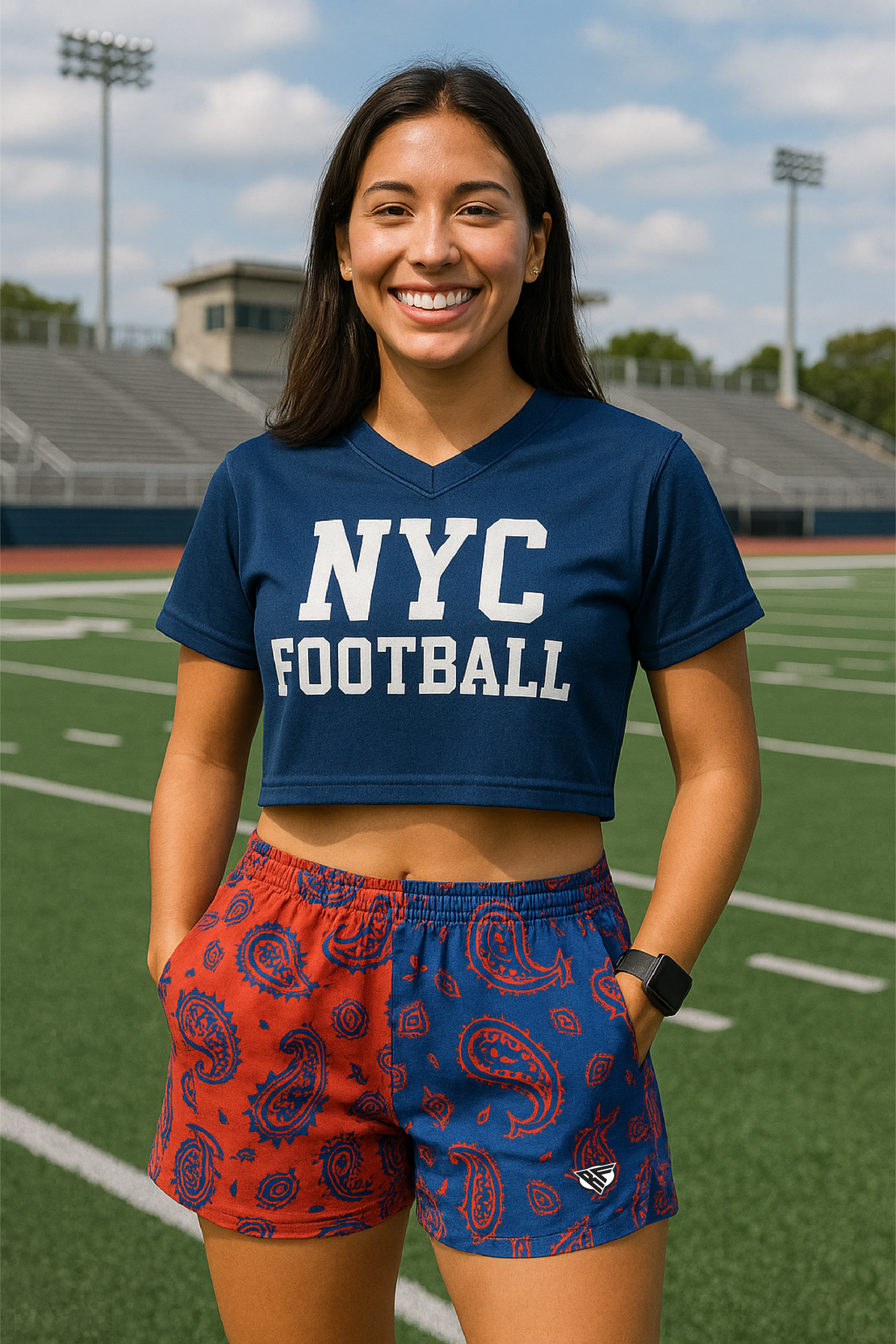RF Wear Women's Split Paisley Pocket Shorts Red/Blue - Model Front View