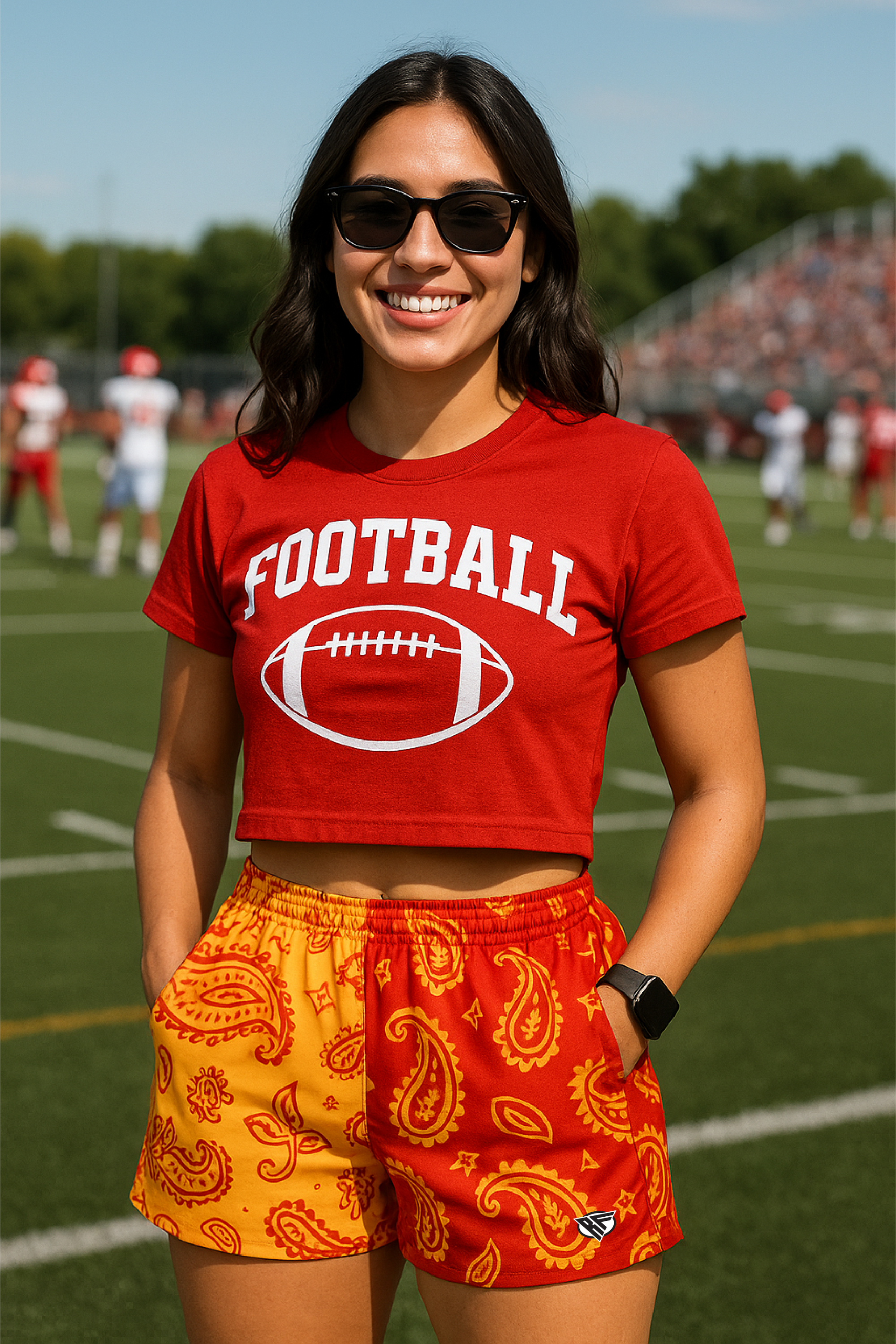 RF Wear Women's Split Paisley Pocket Shorts Red/Gold - Model Front View