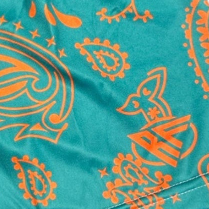 Close-up of RF-Wear Women's Split Paisley Shorts in Aqua/Orange with RF logo