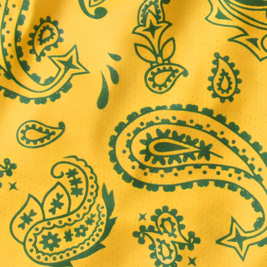 Close-up of RF-Wear Women's Split Paisley Shorts in Gold/Green