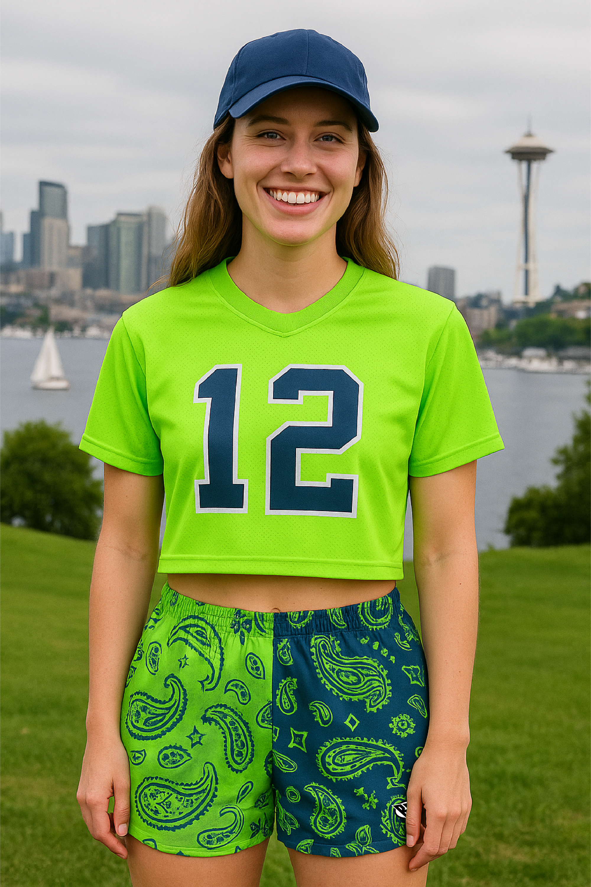 RF Wear Women's Split Paisley Shorts Lime Green/Navy - Model Front View