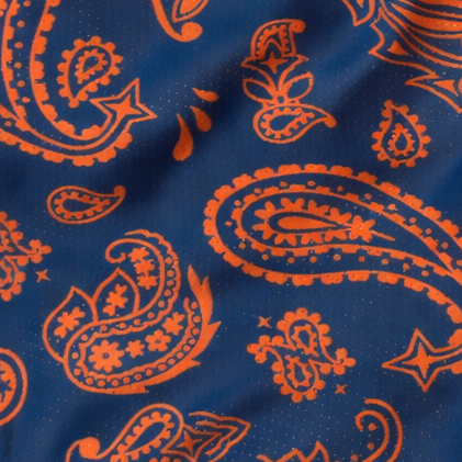 Close-up of RF-Wear Women's Split Paisley Shorts in Navy/Orange