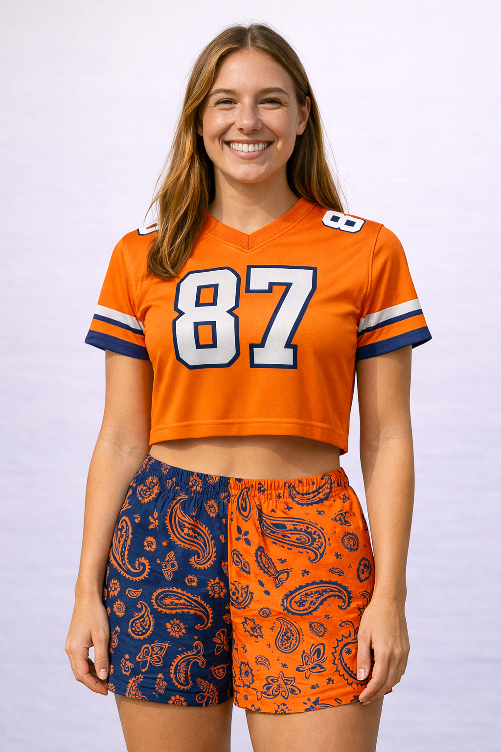 Woman wearing an orange jersey and RF-Wear Women's Split Paisley Shorts in Navy/Orange