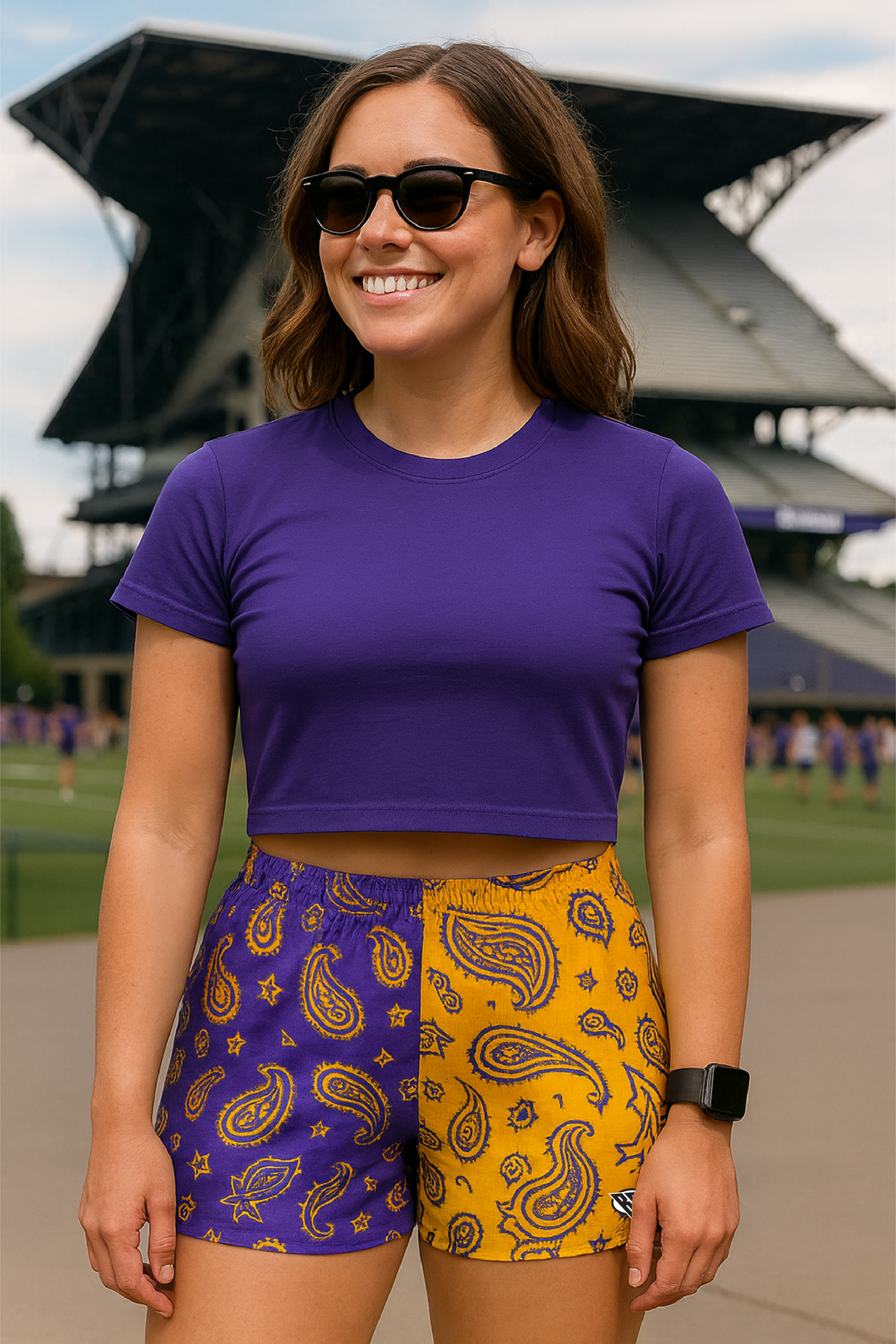 RF Wear Women's Split Paisley Shorts Purple/Gold - Model Front View