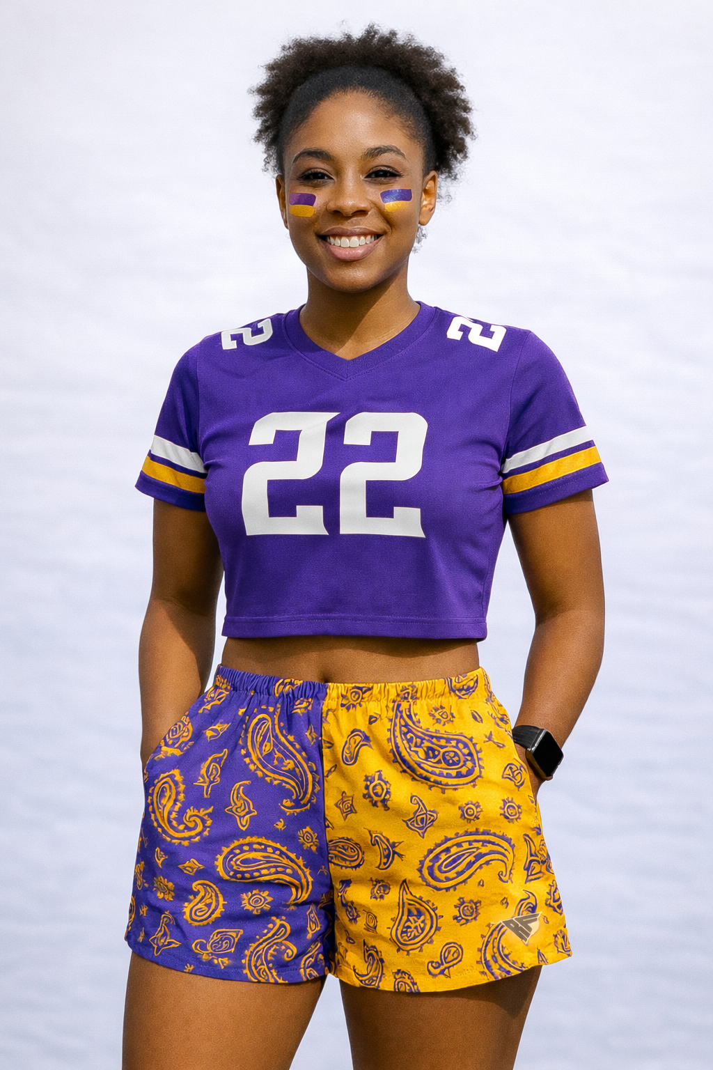 Woman wearing a purple cropped jersey and RF-Wear Women's Split Paisley Shorts in Purple/Gold