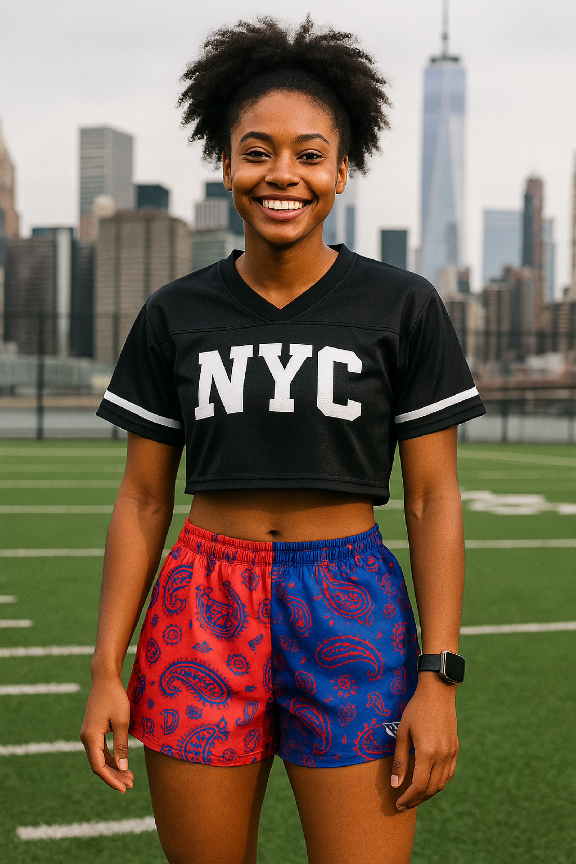 RF Wear Women's Split Paisley Shorts Red/Blue - Model Front View