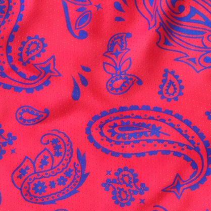 Close-up of RF-Wear Women's Split Paisley Shorts in Red/Blue