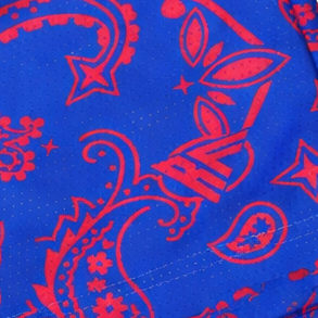 Close-up of RF-Wear Women's Split Paisley Shorts in Red/Blue with RF logo