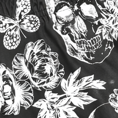 Close-up of RF-Wear Women's Split Skull Shorts  in Black/White left side