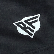 Close-up of RF-Wear Women's Split Sunflower Shorts in Black/Yellow with RF logo