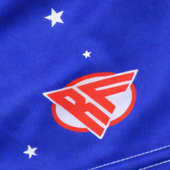 Close-up of RF-Wear Women's Star Shorts in Blue with RF logo