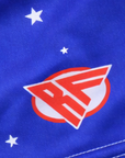 Close-up of RF-Wear Women's Star Shorts in Blue with RF logo