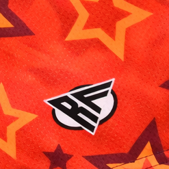 Close-up of RF-Wear Women's Star Shorts in Orange/Yellow with RF logo