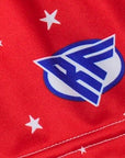 Close-up of RF-Wear Women's Star Shorts in Red with RF logo
