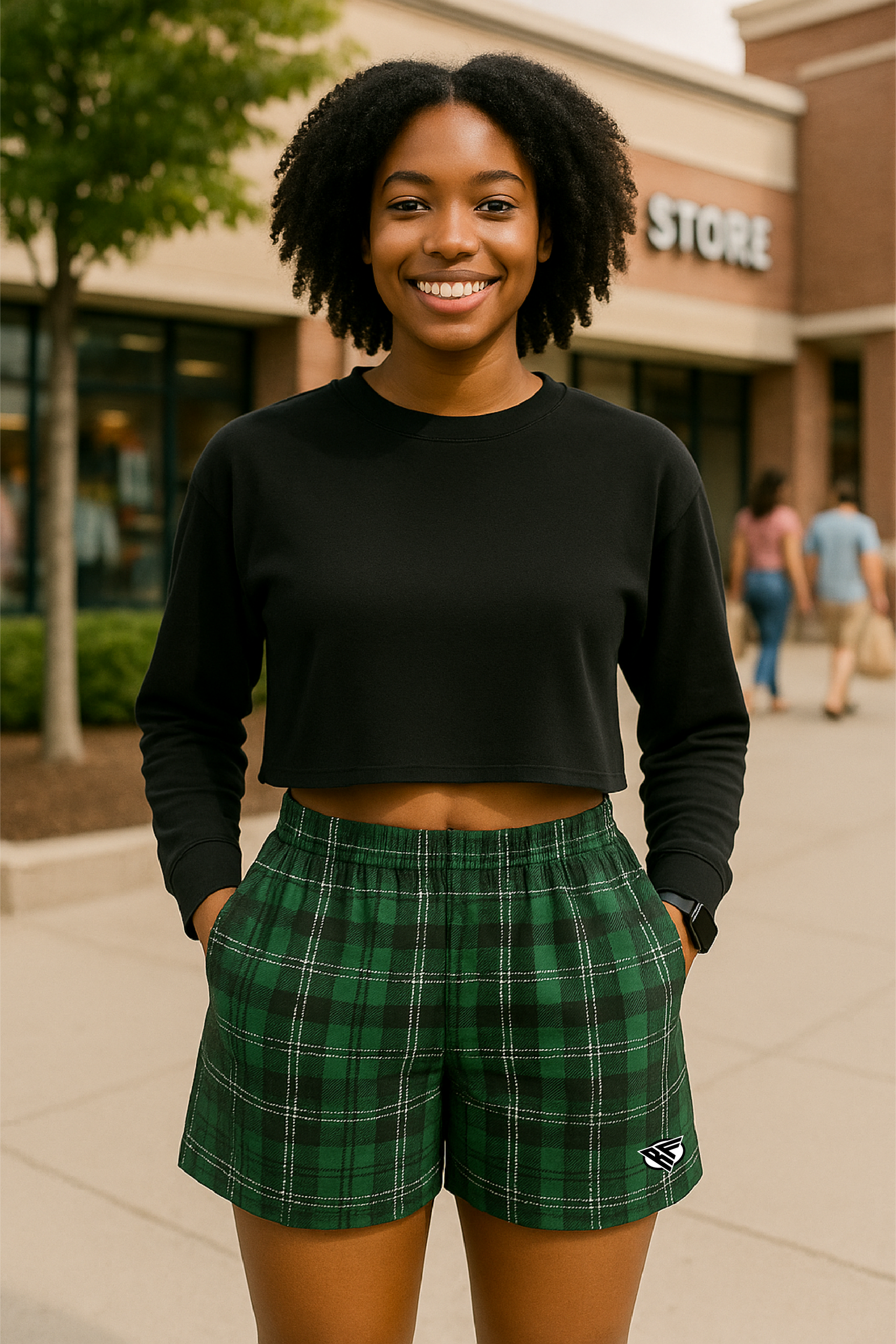 RF Wear Women's Tartan Plaid Pocket Shorts - Green - Model Front View