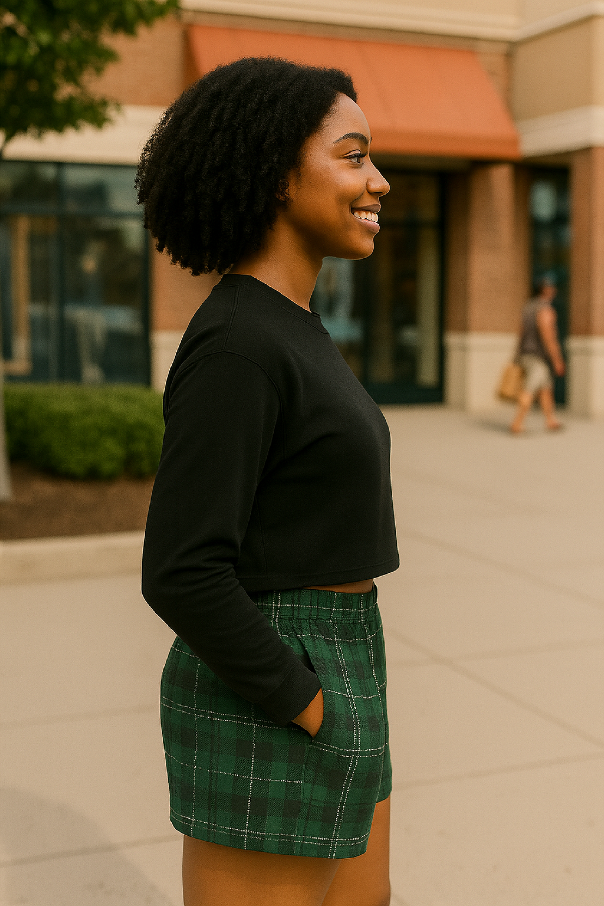 RF Wear Women's Tartan Plaid Pocket Shorts - Green - Model Side View