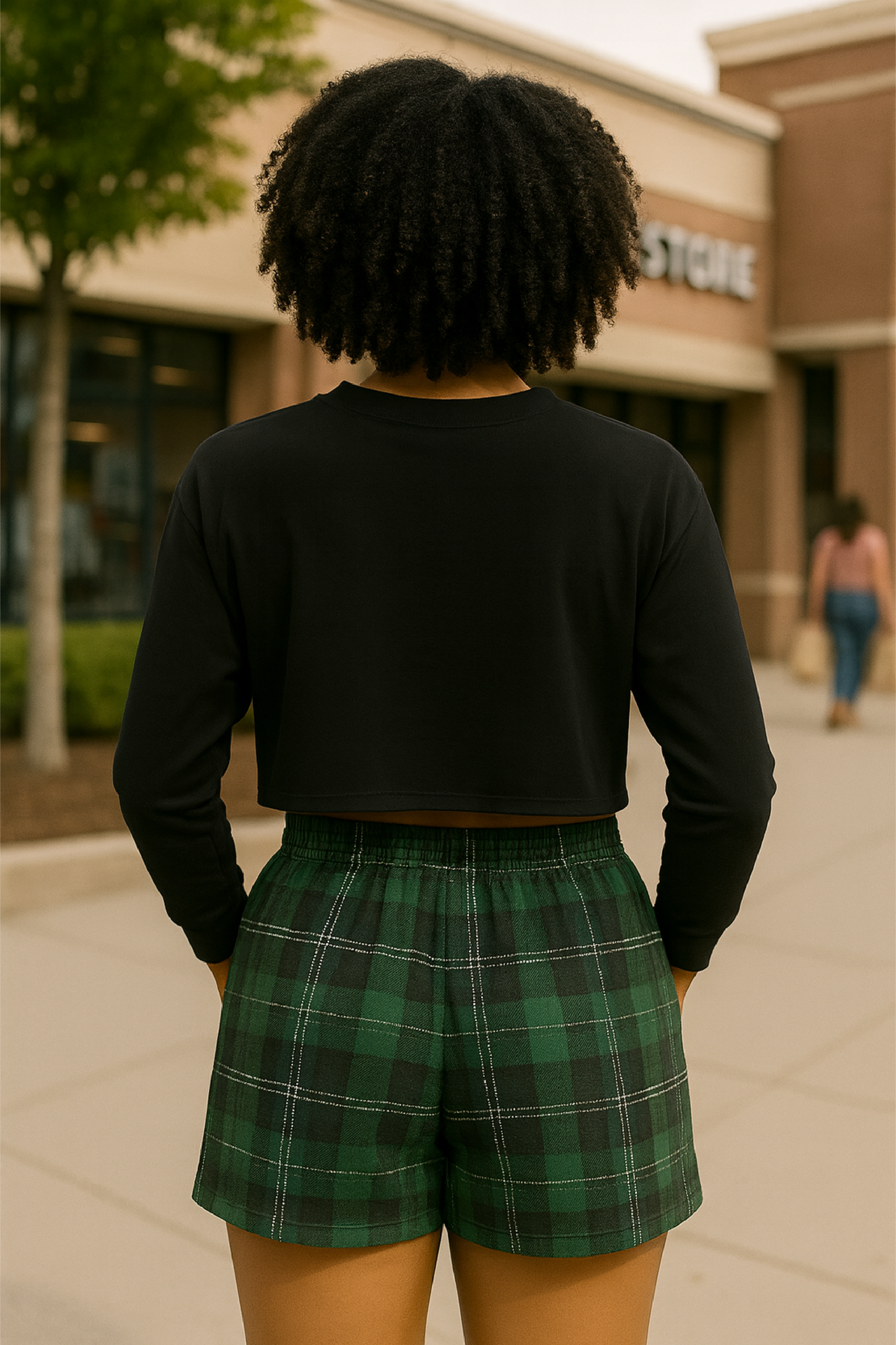 RF Wear Women&#39;s Tartan Plaid Pocket Shorts - Green - Model Back View