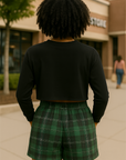 RF Wear Women's Tartan Plaid Pocket Shorts - Green - Model Back View