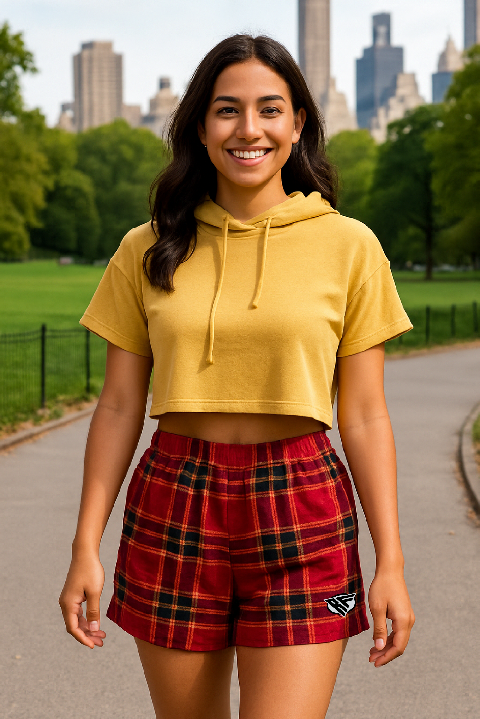 RF Wear Women's Tartan Plaid Shorts - Red/Gold - Model Front View