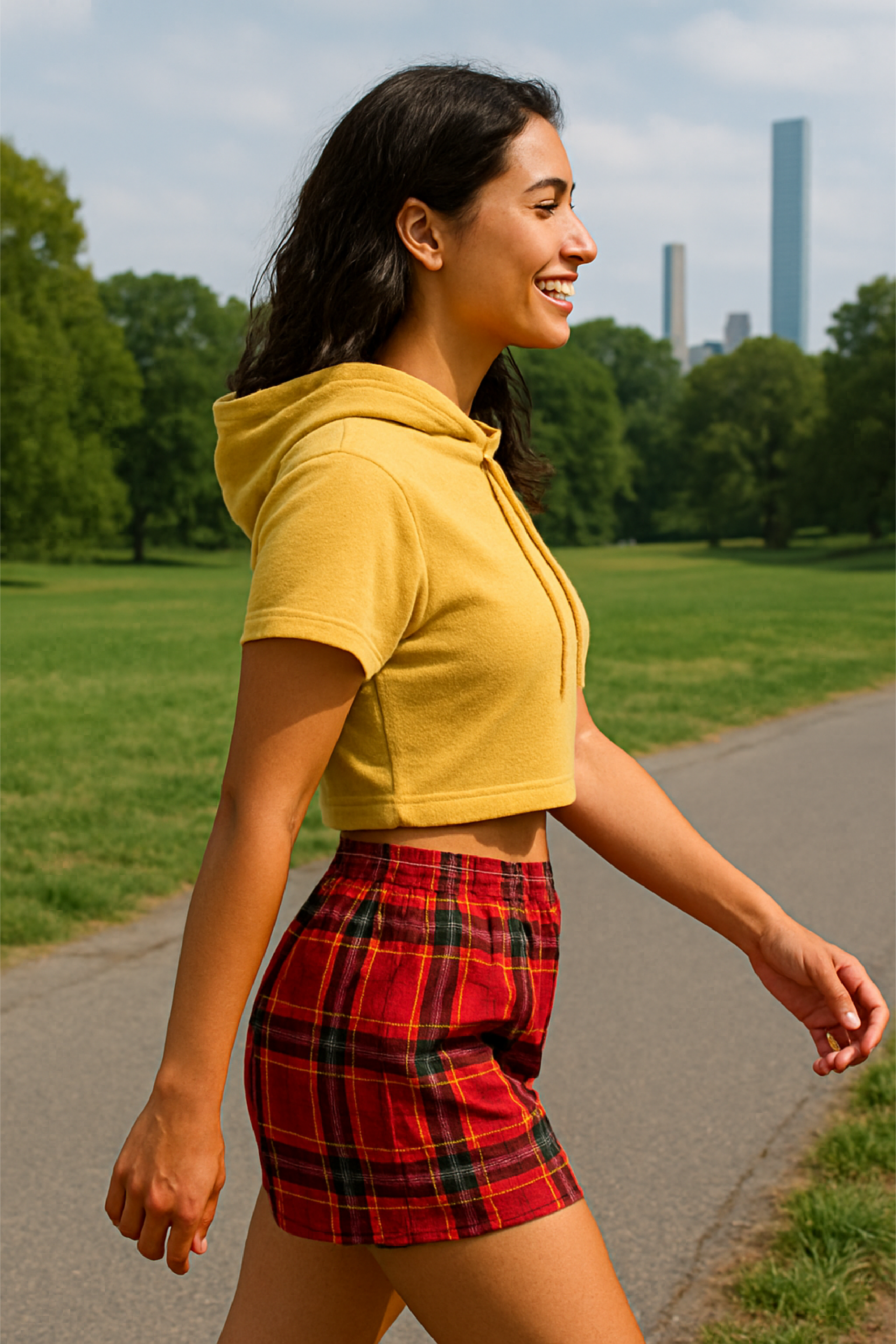 RF Wear Women's Tartan Plaid Shorts - Red/Gold - Model Side View