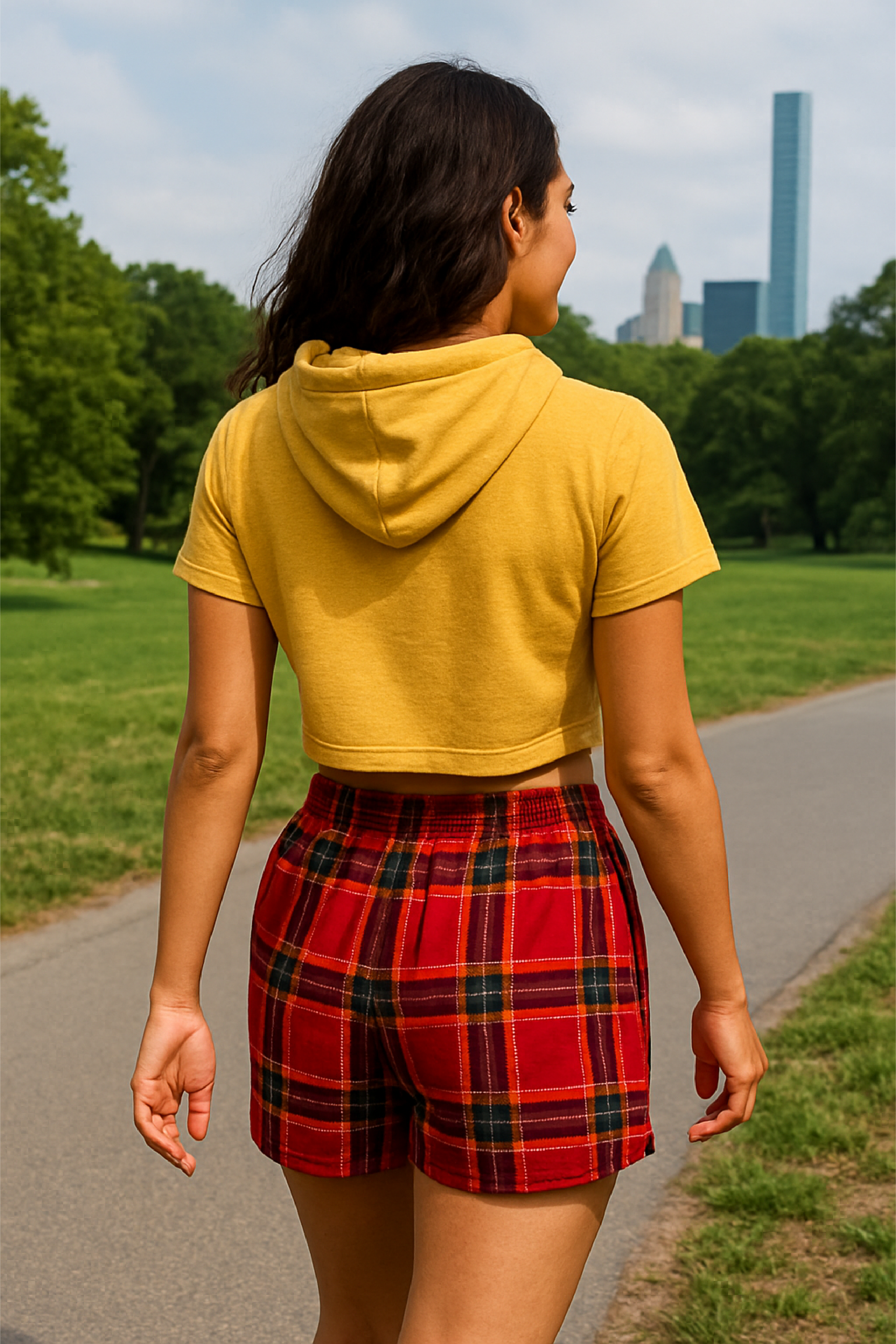 RF Wear Women's Tartan Plaid Shorts - Red/Gold - Model Back View