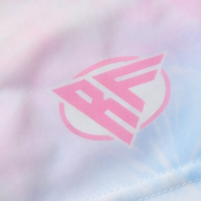 Close-up of RF-Wear Women's Tie Dye Shorts in Multicolors with RF logo