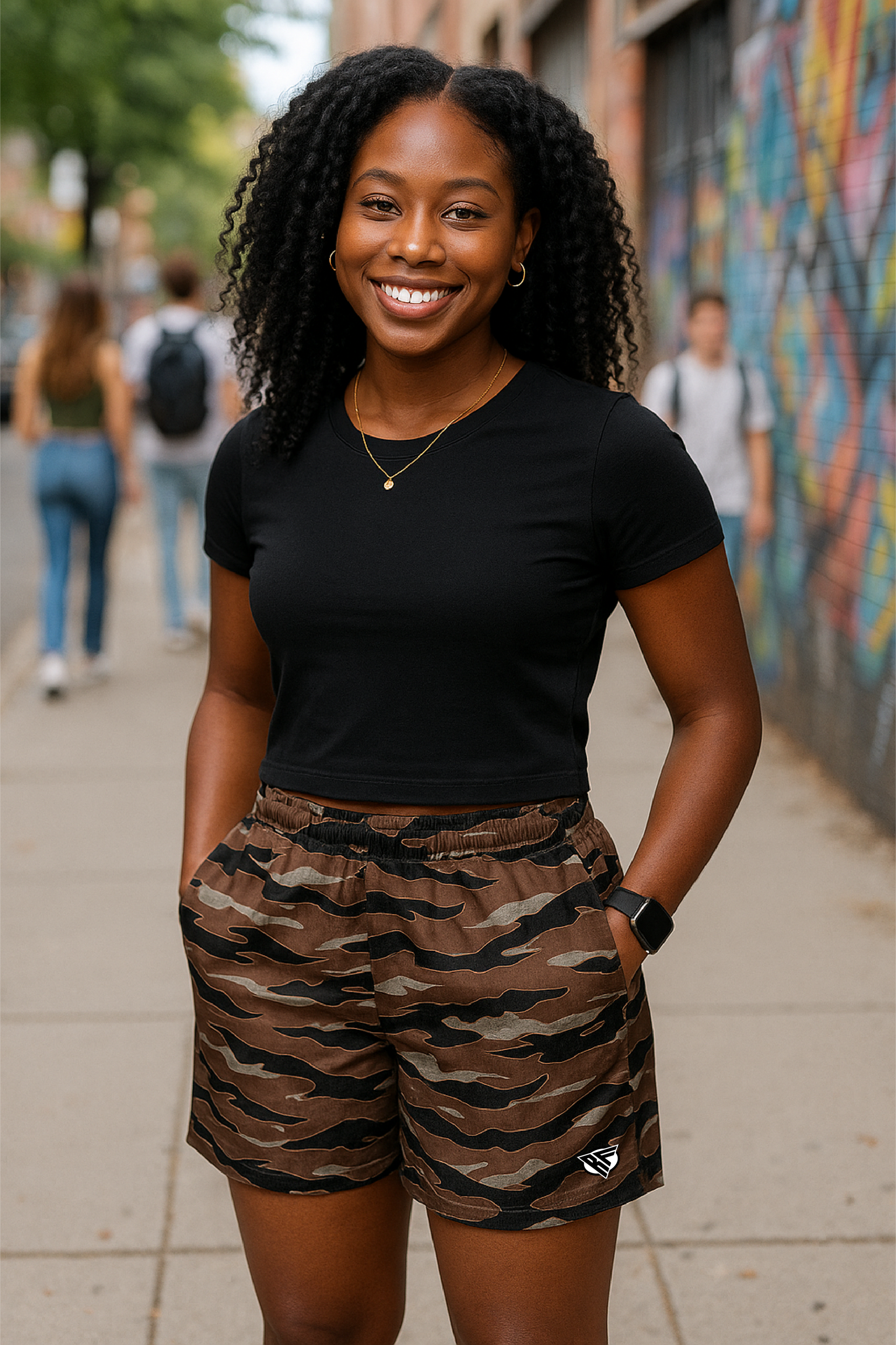 RF Wear Women's Tiger Camo Pocket Shorts - Brown - Model Front View