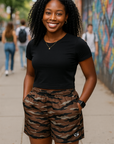 RF Wear Women's Tiger Camo Pocket Shorts - Brown - Model Front View