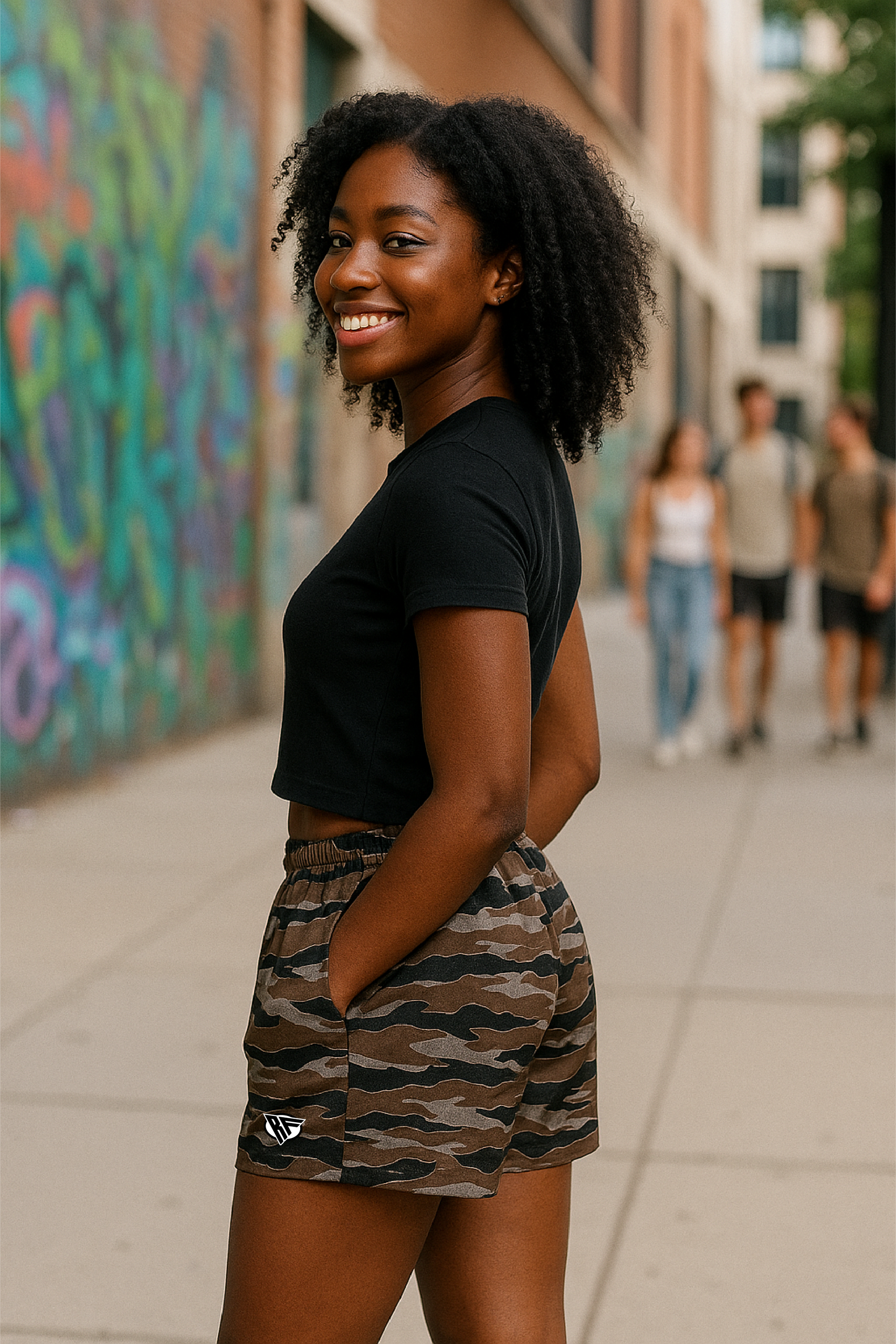 Women's Tiger Camo Pocket Shorts - Brown - Model Side View
