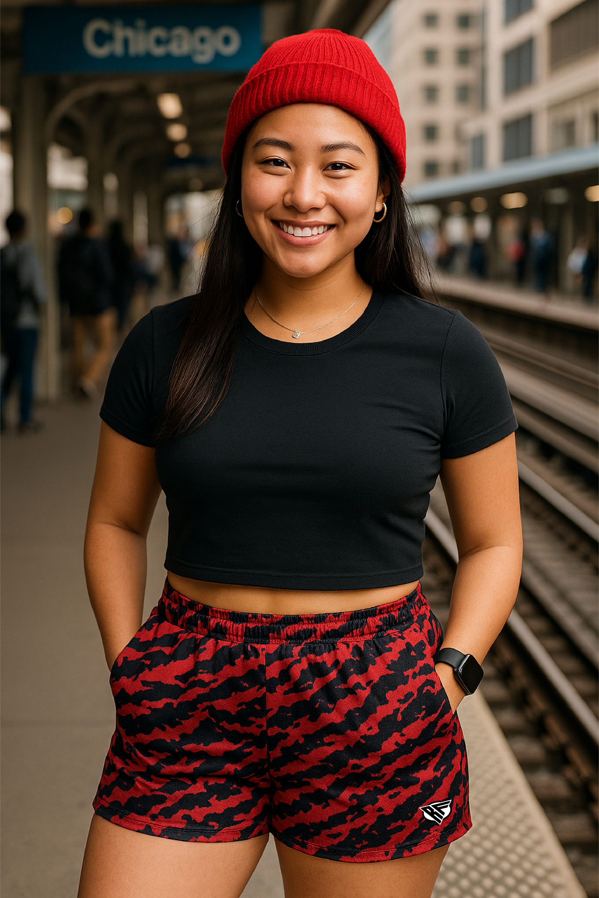 RF Wear Women's Tiger Camo Pocket Shorts - Red/Black - Model Front View 