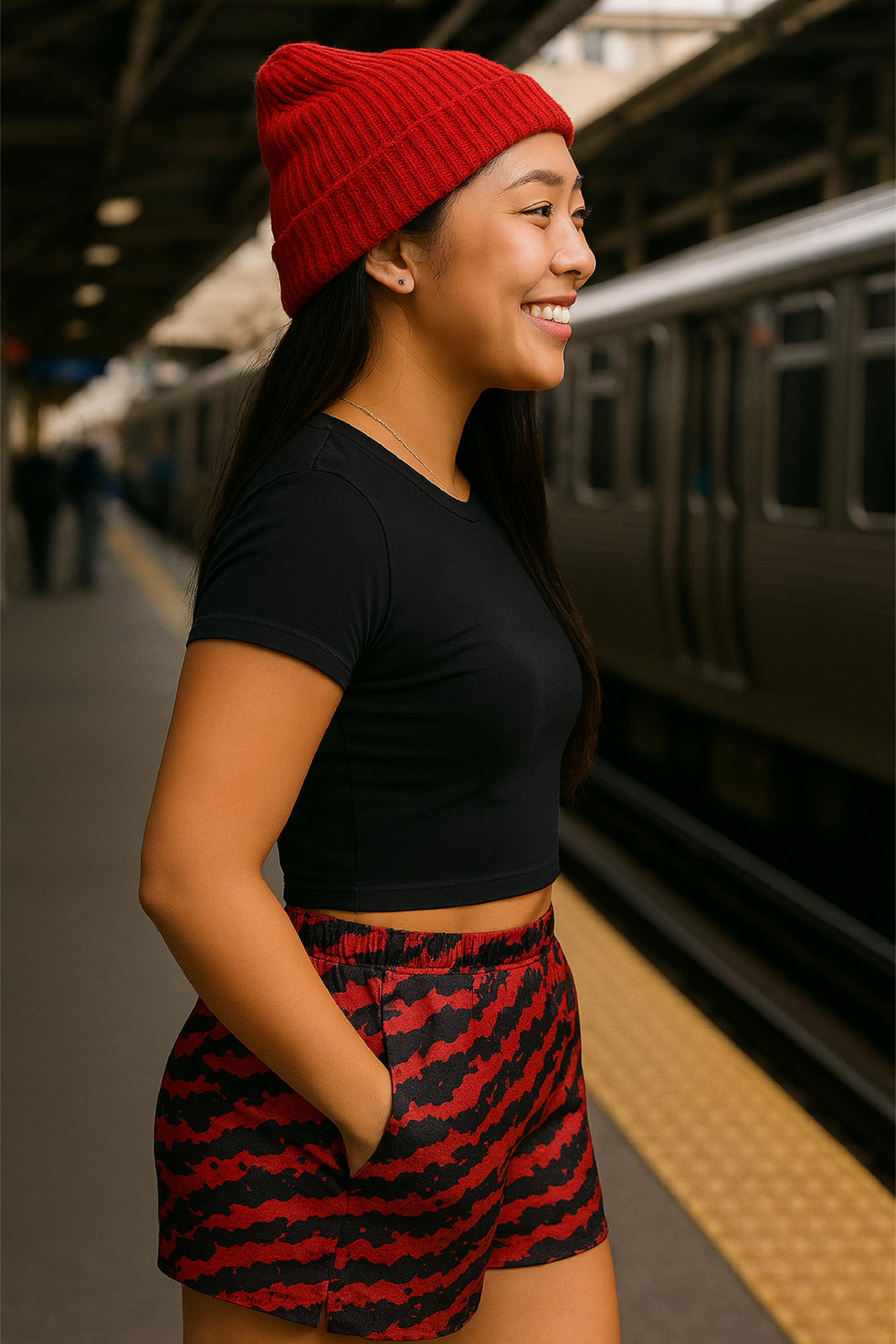 RF Wear Women's Tiger Camo Pocket Shorts - Red/Black - Model Side View 