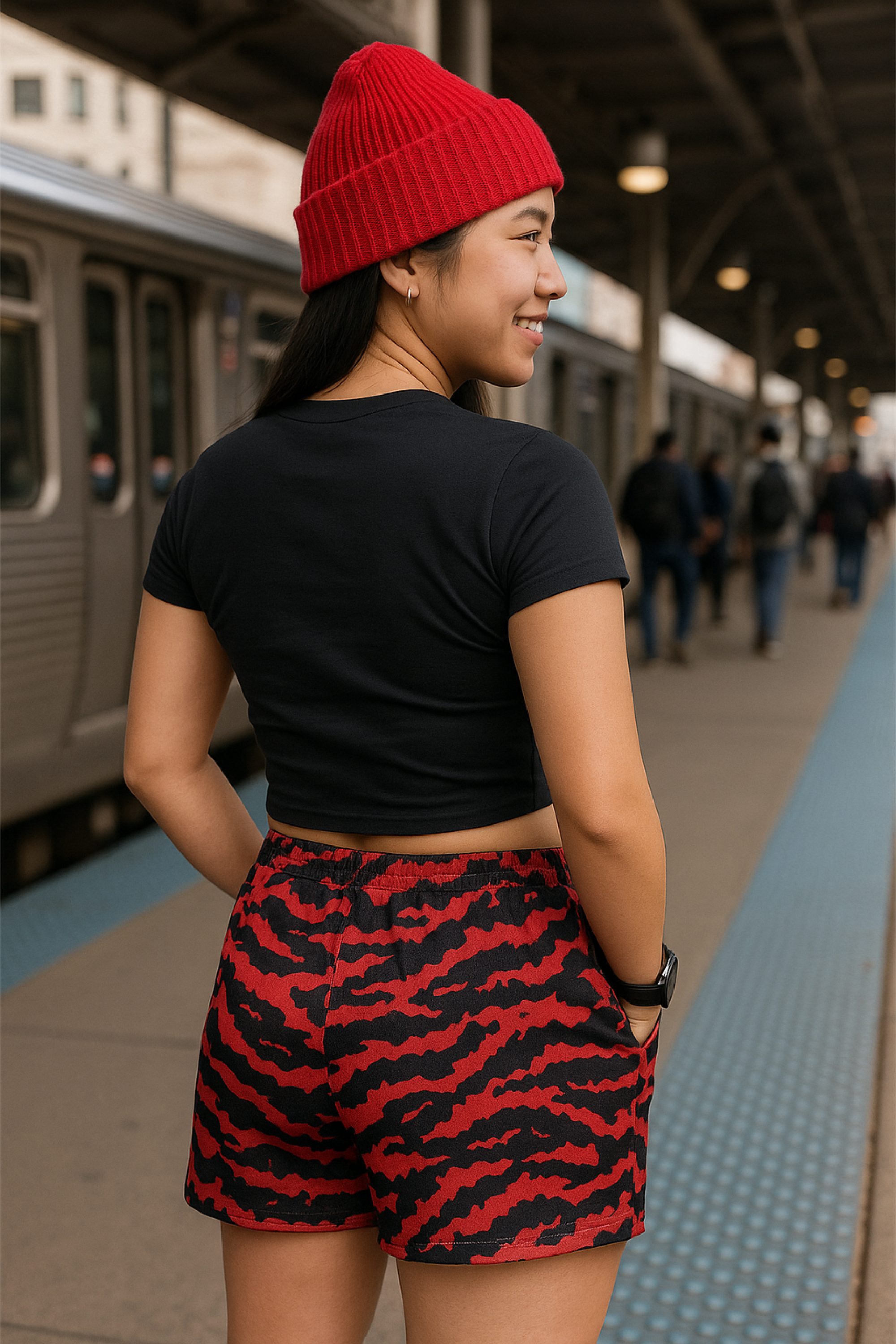 RF Wear Women's Tiger Camo Pocket Shorts - Red/Black - Model Back View 