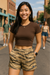 RF Wear Women's Tiger Camo Pocket Shorts - Tan - Model Front View